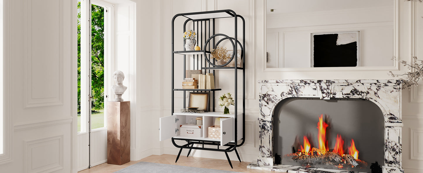 80 x 30 x 180 cm Metallregal, weißer Lagerschrank mit Doppeltür, drei Regalböden, schwarzes Metallregal, hohe Metallfüße, runde Dekoration, weiß + schwarz