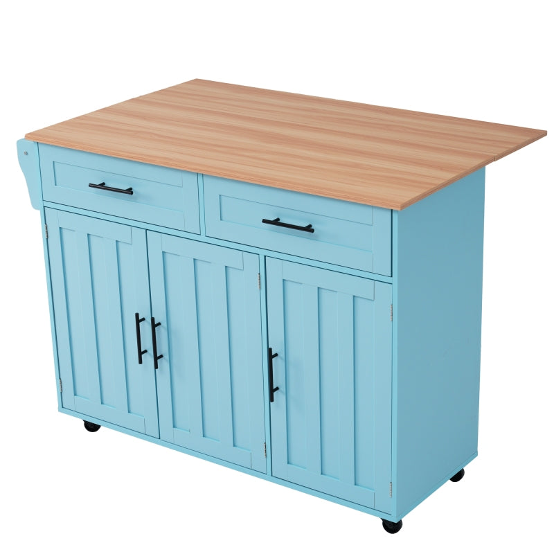 129x46(71)x91,5 cm großer Speisewagen/Sideboard, Arbeitsplatte mit Massivholzmaserung + blauer Schrank/faltbare Arbeitsplatte/Aufbewahrungstür-Design/Räder/Massivholzfüße umschaltbar/für Zuhause geeig