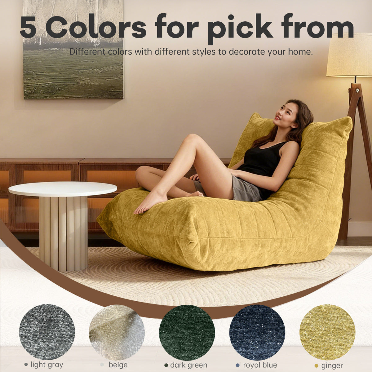 Ergonomischer Sitzsack Sessel mit 5-Zonen-Körperunterstützung, Bean Bag Chair aus Chenille-Stoff, Gelb