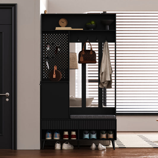 Garderoben-set, Wandgarderobe, Flurgarderobe Set mit Schuhbank, Schwarz,100 Lx35Bx180H cm