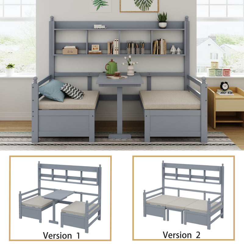 Multifunktionales Massivholz Schlafsofa 200x90 cm, 2-in-1 Bett und Schreibtisch, Frei Umbaubar, Mit Bücherregal Zur Aufbewahrung, Mit Bequemen Kissen, Gästebett Einzelholzbett, Grau
