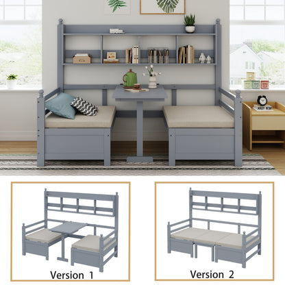 Multifunktionales Massivholz Schlafsofa 200x90 cm, 2-in-1 Bett und Schreibtisch, Frei Umbaubar, Mit Bücherregal Zur Aufbewahrung, Mit Bequemen Kissen, Gästebett Einzelholzbett, Grau
