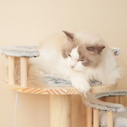 Designer Katzenklettergerüst aus Massivholz - 98 cm hoch, 3-stufiges Sprungbrett, abnehmbare Kissen und Spielbälle, Wolkenoptik-Imitation