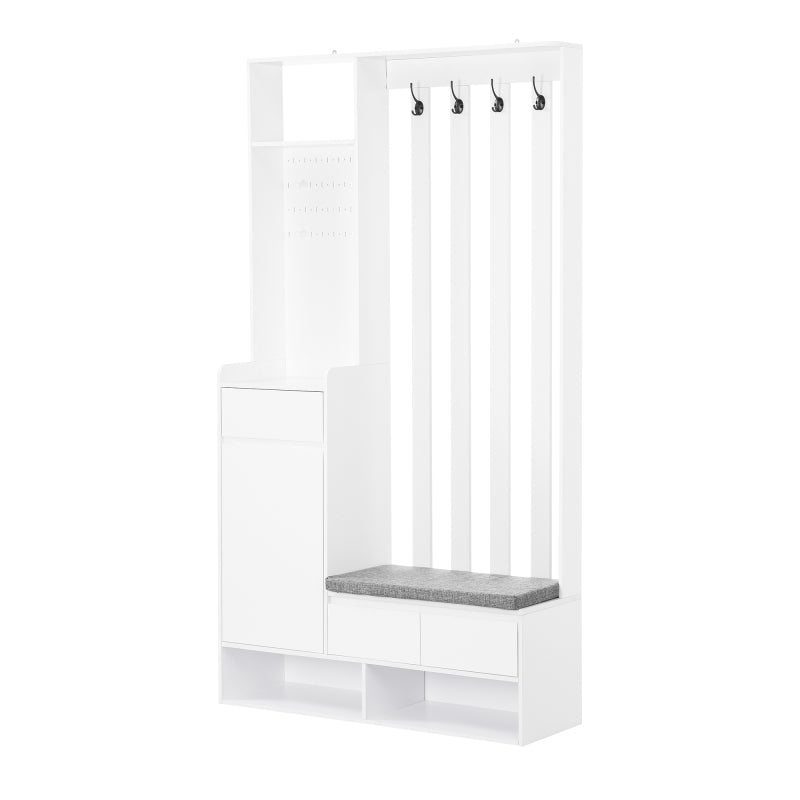 Flurgarderobe mit gepolsterter Aufbewahrungsbank, multifunktionaler Flur-Schuhschrank mit Stecktafel, moderne Garderobe mit 4 Haken für Eingangsbereich, Waschküche, Weiß,H180/B100/T35 cm