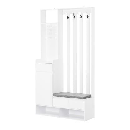 Flurgarderobe mit gepolsterter Aufbewahrungsbank, multifunktionaler Flur-Schuhschrank mit Stecktafel, moderne Garderobe mit 4 Haken für Eingangsbereich, Waschküche, Weiß,H180/B100/T35 cm