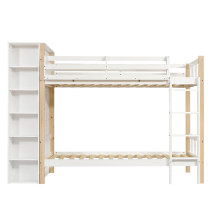 Etagenbett, Kinderbett mit Fallschutz und Gitter, mit 4-stufiger Leiter, 6 offenen Regalen, Kleiderschrank seitlich, Reichlich Stauraum,  Kiefer+PB, Weiß+Natur,  90x200cm