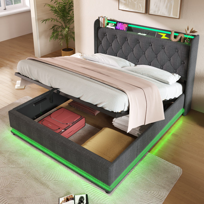 Polsterbett Doppelbett, 360-Surround-LED-Funktion, Drucktaste/App/Fernbedienung,160*200 cm,Grau Leinen-Material Hydraulisches Lagerbett, gepolstertes Kopfteil mit USB Typ-C Ladefunktion(Mit Matratze)