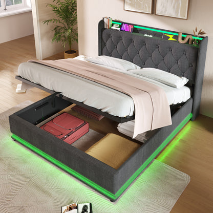 Polsterbett Doppelbett, 360-Surround-LED-Funktion, Drucktaste/App/Fernbedienung,160*200 cm,Grau Leinen-Material Hydraulisches Lagerbett, gepolstertes Kopfteil mit USB Typ-C Ladefunktion(Mit Matratze)