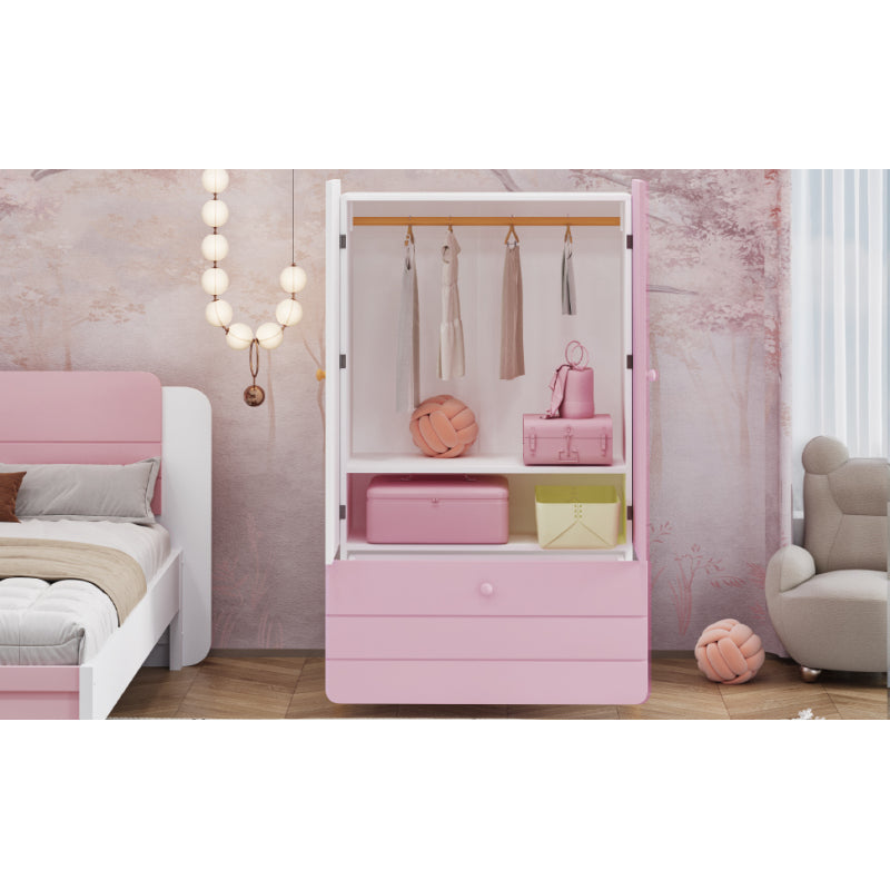 Geräumiger Kleiderschrank mit minimalistischen Linien und zarten holzfarbenen Füßen mit Staufächern, Schubladen und Kleiderbügeln, Farbblock-Design, Rosa