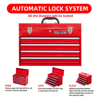 20.3inch Metal Tool Box with Drawers Portable Steel Metal Tool Box with Protective Liner and Metal Latch Closure and Lock for Garage, Home and Warehouse (Red-4 Drawers)