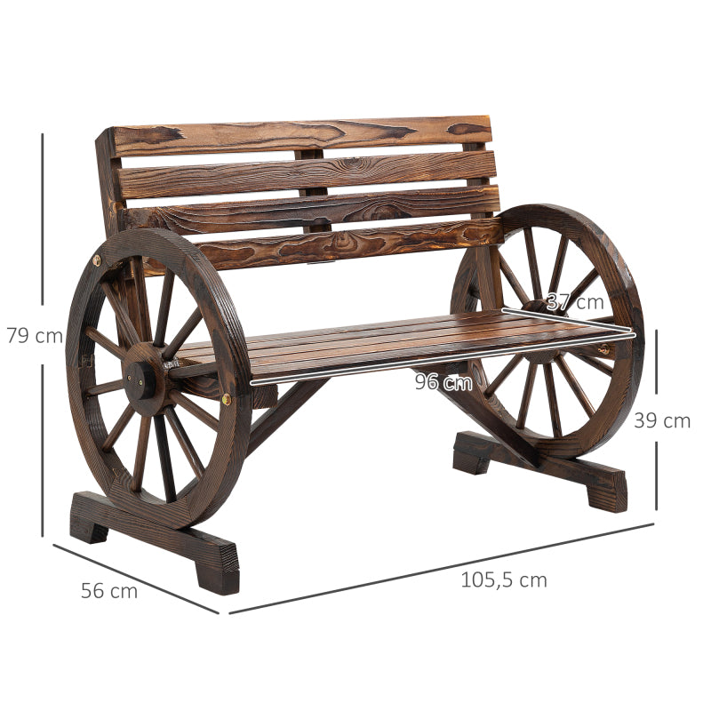 Gartenbank 2-Sitzer  Holzbank mit Wagenrad-Armlehnen im Landhausstil, Tannenholz, Braun