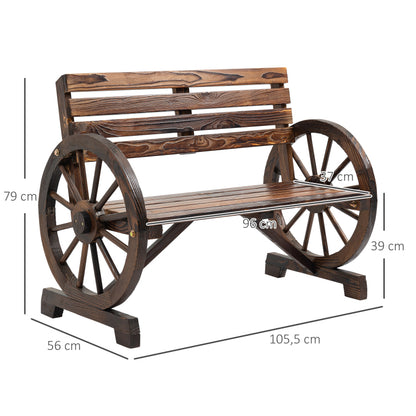 Gartenbank 2-Sitzer  Holzbank mit Wagenrad-Armlehnen im Landhausstil, Tannenholz, Braun