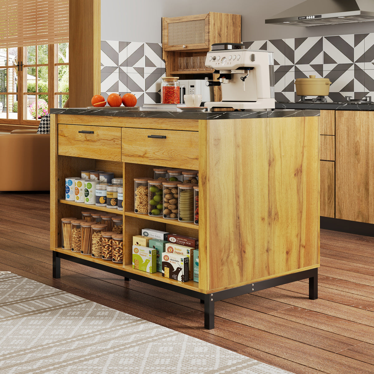 Kücheninsel 120x75 cm (Eiche & Marmor-Optik), Küchentheke mit Sitzplatz, 2 Schubladen, Metallgestell