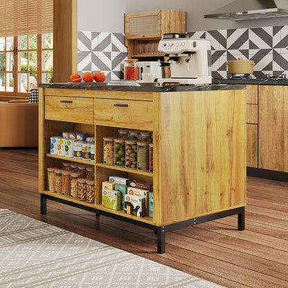 Kücheninsel 120x75 cm (Eiche & Marmor-Optik), Küchentheke mit Sitzplatz, 2 Schubladen, Metallgestell