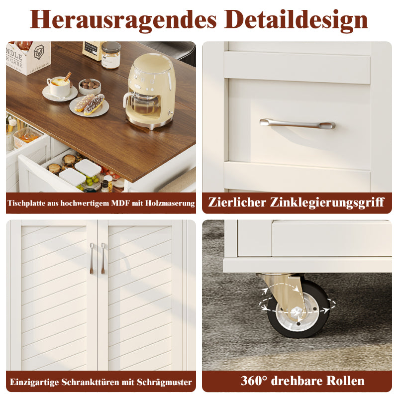 Küchenwagen mit diagonal gestreiften Schranktüren, herausnehmbarer Esswagen mit Handtuchhalter und Gewürzregal, verstellbare Trennwände, Küchenbuffet, Tischplatte mit Holzmaserung, weiß