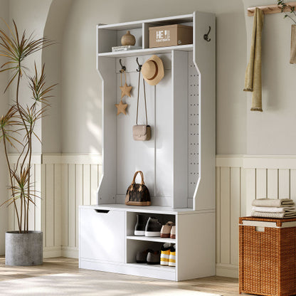 Garderobenset, Komplett-Set Flurgarderobe mit Sitzbank, 6 Haken, 1 Türen & 4 Offener Lagerraum, Weiß