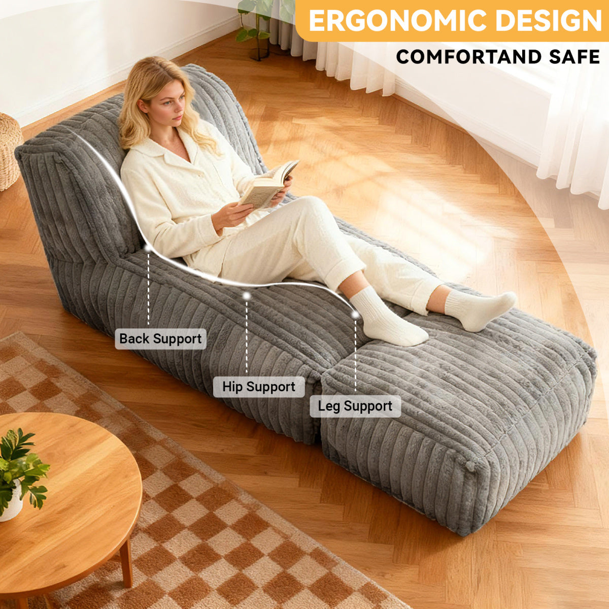 Modulares Bodensofa 160×80 cm, verstellbare Chaise Lounge als Schlafsofa, Cordbezug, ergonomisch, hellgrau