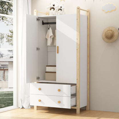 2-türiger Kleiderschrank, Kleiderschrank mit Kleiderstange, für Schlafzimmer, Wohnzimmer, Flurgarderobe geeignet,  weißer Körper + Kieferrahmen