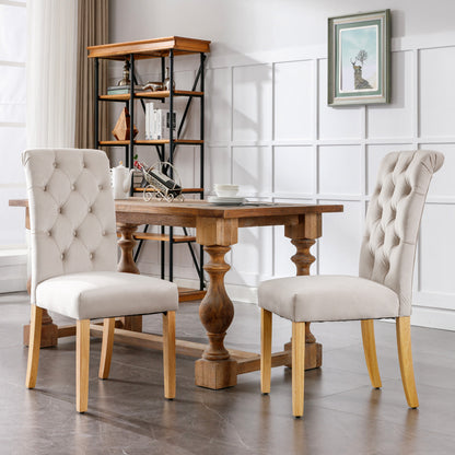 Samt Esszimmerstühle 2er Set mit Eichenbeinen, Knopf, Beige