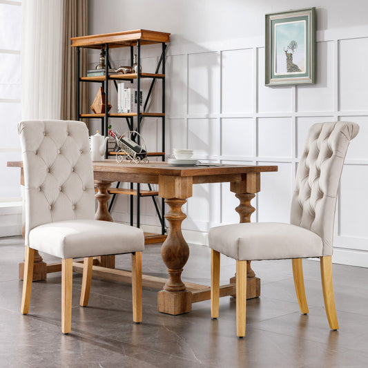 Samt Esszimmerstühle 2er Set mit Eichenbeinen, Knopf, Beige