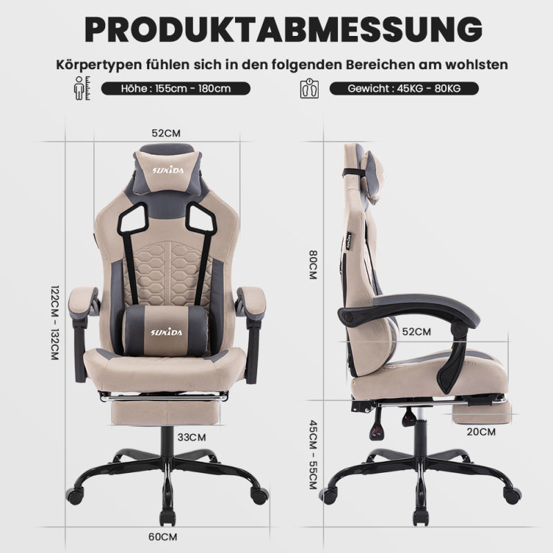 Gaming Stuhl, Ergonomischer Gaming-Stuhl mit Fußstütze, Racing Gaming Chair Kopfstütze Verstellbarer Computerstuhl Höhenverstellbar Lendenwirbelstütze für Homeoffice und Gaming Beige