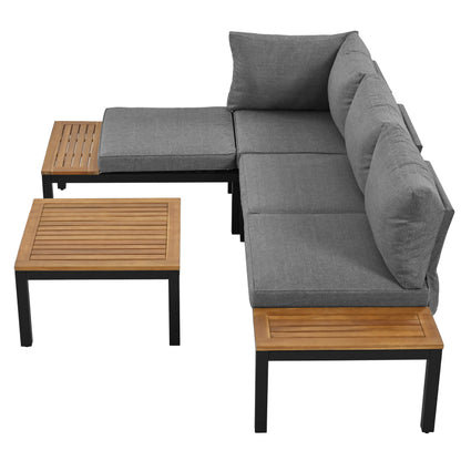 Garten-Lounge-Set (2 Zweisitzer, 2 Beistelltische, 1 Tisch), Tischplatte aus massiver Akazie, Stoffbezug für Rückenlehne, grau(previous sku:HW00005AAE)