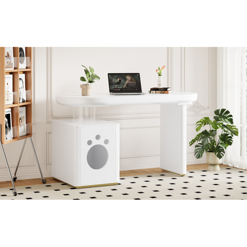 Schreibtisch mit Haustierbett, komplett lackiert, abgerundete Kurven, 5 cm dicke Beine, stabil und modern, Haustiergrößen M–XL