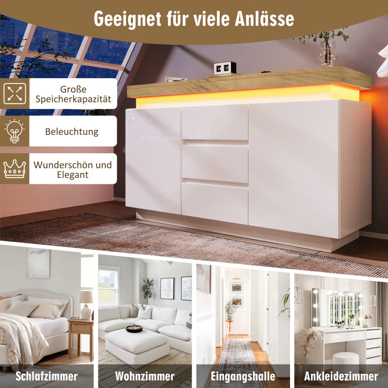 Kommode, Hochglanz Sideboard mit 2 Türen und 3 Schubladen, LED Beleuchtung (App Control), Mehrzweckschrank für Wohnzimmer und Schlafzimmer, 81 x 140 x 39 cm, Weiß