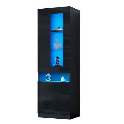 Vitrine Schwarz Hochglanz, LED-Beleuchtung, 180 cm, Glaskantenbeleuchtung