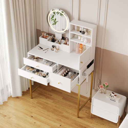 Schminktisch Weiß 80 cm, Frisiertisch mit LED Spiegel, Integrierte Steckdose mit USB & Föhnhalter