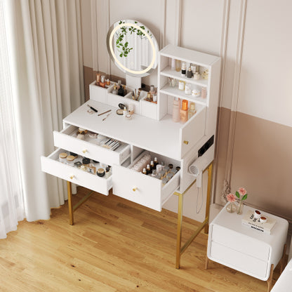Schminktisch Weiß 80 cm, Frisiertisch mit LED Spiegel, Integrierte Steckdose mit USB & Föhnhalter