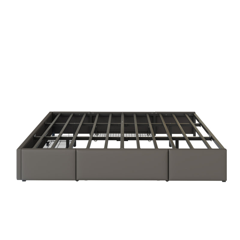 Bettgestell 180X200 mit Schubladen, PU-Leder Bett ohne Kopfteil Mit LED-Lichtleiste, MetalllattenPlattformbett für moderne Schlafzimmer Grau
