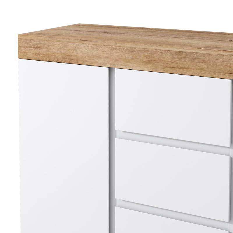 Kommode mit 3 Schubladen und 2 Türen, Schließfach,Funktion von Aufbewahrung, für Schlafzimmer und Wohnzimmer, E1-Spanplatte, weiß+oak