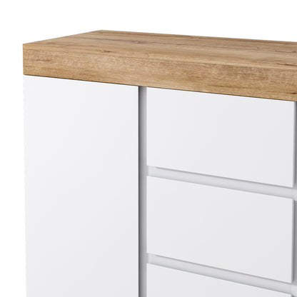 Kommode mit 3 Schubladen und 2 Türen, Schließfach,Funktion von Aufbewahrung, für Schlafzimmer und Wohnzimmer, E1-Spanplatte, weiß+oak