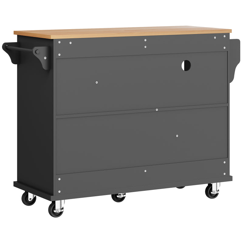 Esszimmerwagen (129 x 46 x 92 cm), moderner und einfacher schwarzer, beweglicher Küchen-Esswagen mit Schubladen und Lagerschränken, hellbraune Holzarbeitsplatte, geeignet für moderne Familien