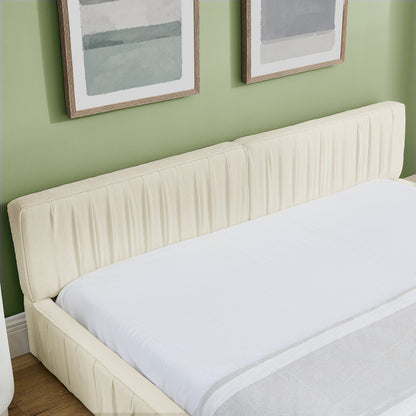 Doppelbett 140x200cm, mit Samtweichem Chenille-Bezug, Aus Ökologischem Eukalyptusholz und Stabiler Eisenrahmen, Beige (ohne Matratze)