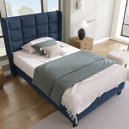 Modernes Design Polsterbett Mit seinem gepolstertes Kopfteil Einzelbett mit Lattenrost, 90x200cm ,in Blau Leinen, mittelfest (Ohne Matratze)