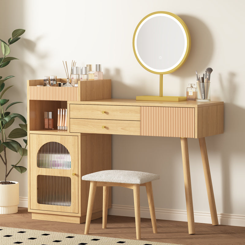 Schminktisch-Set, Kosmetiktisch mit LED-Spiegel und 3-Farbiger Beleuchtung, Schminktisch aus Holz für Schlafzimmerstudio - Maße: B120/H90/T40 cm(ohne Hocker) (Old sku: RN3198724AAA)