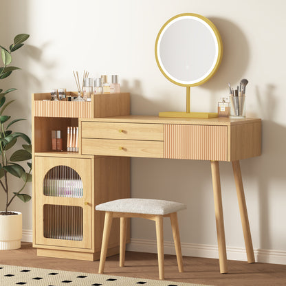 Schminktisch-Set, Kosmetiktisch mit LED-Spiegel und 3-Farbiger Beleuchtung, Schminktisch aus Holz für Schlafzimmerstudio - Maße: B120/H90/T40 cm(ohne Hocker) (Old sku: RN3198724AAA)