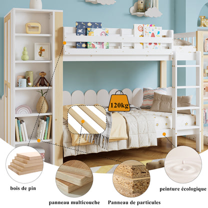 Etagenbett, Kinderbett mit Fallschutz und Gitter, mit 4-stufiger Leiter, 6 offenen Regalen, Kleiderschrank seitlich, Reichlich Stauraum,  Kiefer+PB, Weiß+Natur,  90x200cm