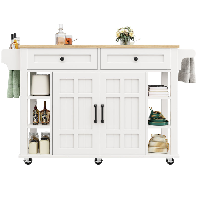 Kücheninsel mit herausnehmbaren Trennwänden, Speisewagen mit Arbeitsplatte, Buffetschrank, Speisewagen mit Holzmaserung, Handtuchhalter beidseitig mit Rollen, weiß