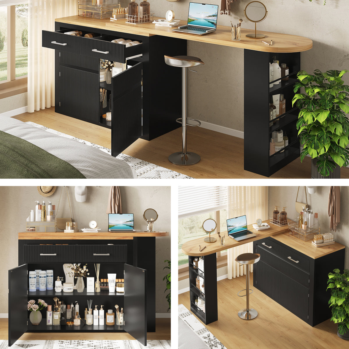 Ausziehbarer Bartisch Schwarz (137-215cm) - Moderner Teleskop-Hochtisch mit Schublade & Regalen - Bewegliche Kücheninsel & Bistro Table