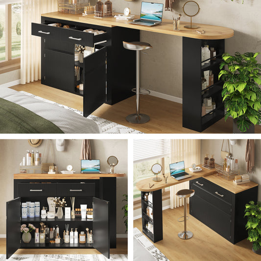 Ausziehbarer Bartisch Schwarz (137-215cm) - Moderner Teleskop-Hochtisch mit Schublade & Regalen - Bewegliche Kücheninsel & Bistro Table