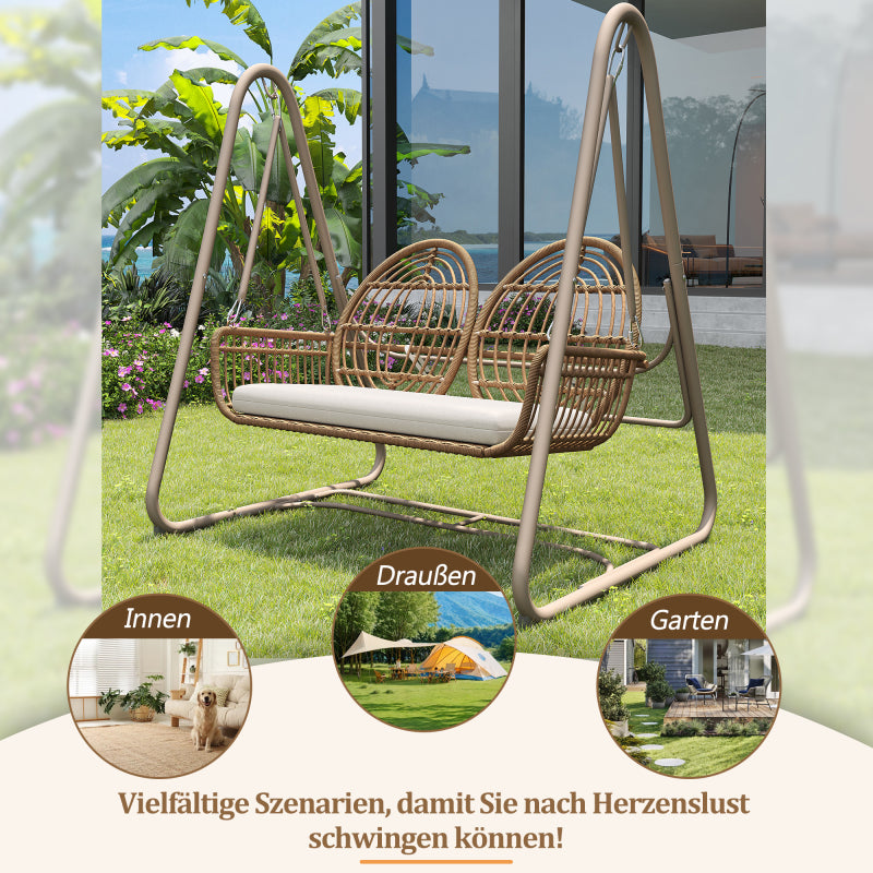 Gartenschaukel, Hollywoodschaukel mit Rückenlehne, Gartenmöbel-Set für den Außenbereich,Doppelschaukel aus PE-Rattan, 2 Sitze, Brauner Sitzrahmen und beiges Kissen