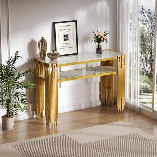 Mid-Century Modern Wohnzimmer Beistelltisch, Konsolentisch, weißer Korpus mit goldenen Beinen, doppellagiges MDF, belastbar bis 40 kg