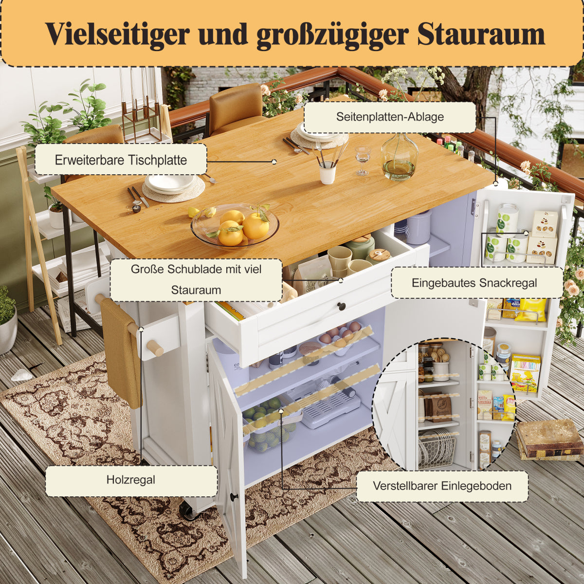 Kücheninsel mit Rollen & klappbarer Arbeitsplatte, Küchenwagen mit 3 Türen & Schublade, Sideboard inkl. Gewürzregal & Handtuchhalter, 99cm