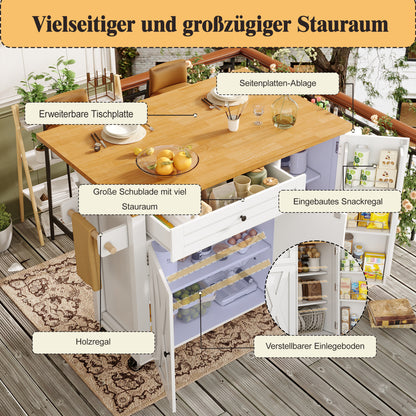 Kücheninsel mit Rollen & klappbarer Arbeitsplatte, Küchenwagen mit 3 Türen & Schublade, Sideboard inkl. Gewürzregal & Handtuchhalter, 99cm