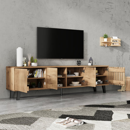 180 x 40 x 55 cm TV-Schrank, Lowboards  in Originalholzfarbe, 8 separate Ablagefächer, TV-Ständer, TV-Konsolen-Entertainment-Center passend für 70-Zoll-Fernseher, geeignet für Wohnzimmer
