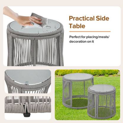 Gartenlounge-Set, Gartenmöbel-Set, Mit Eisenrahmen und grauem Seil, Gartenmöbel aus gewebtem Seil für den Außenbereich, Grau, Zwei Sessel, zwei 2-Sitzer-Sofas und zwei Tische (alle Kissen inklusive)