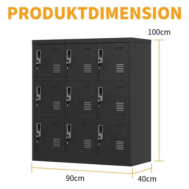 9-Türige Metall-Schränke für Büro, Fitnessstudio, Schule & Zuhause - Sicherer Aufbewahrungsschrank mit Kartenfach (Schwarz), H 100 cm × B 90 cm × T 40 cm
